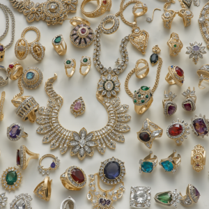 Collection of diamond-studded jewellery including necklaces, rings and bracelets